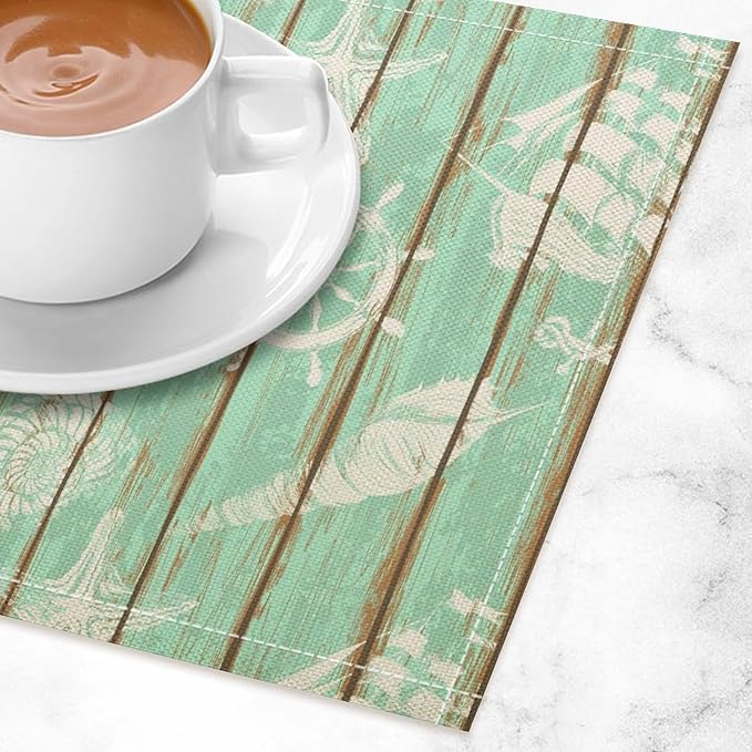 Nautical Theme Placemats Rustic Retro Wooden Board Anchor Starfish Shells Art Printed Dining Table Mats Set of 4 for Restaurant Home Kitchen Holiday Decor 12x18in