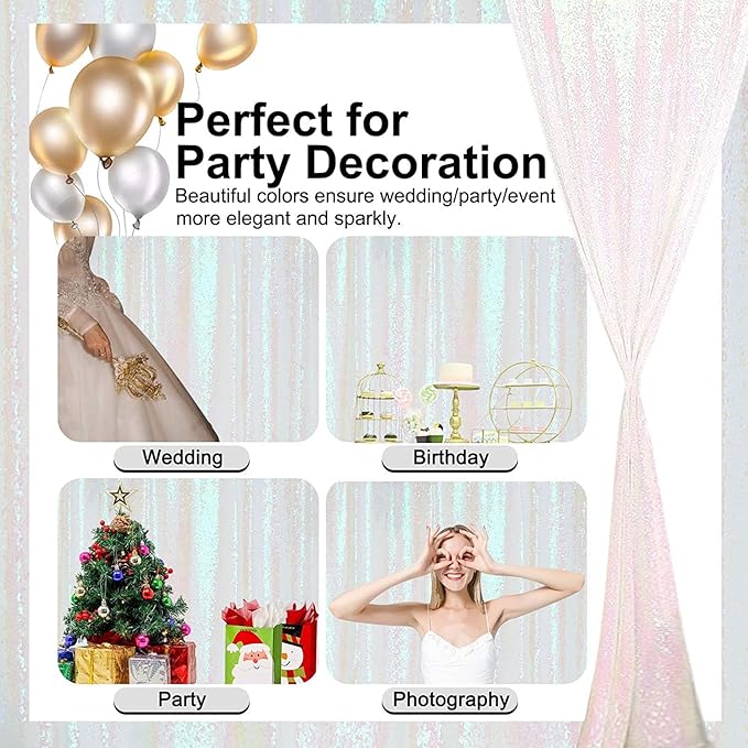 Iridescent Sequin Backdrop Curtain 4FTx8FT 2 Panels Glitter Metallic Photography Background Drapes for Wedding Baby Shower Birthday Birthday
