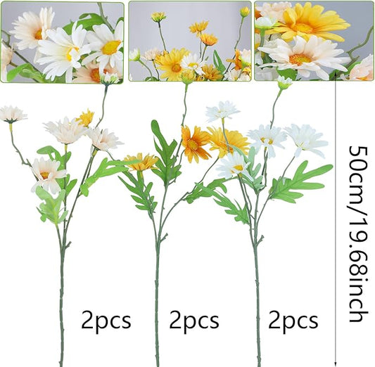 6 Pcs Artificial Daisy Flowers Silk Flower Outdoor UV Resistant Artificial Wildflowers for Decoration Bulk Faux Flowers for Vase Floral Arrangements Home Table Centerpieces Indoor Garden