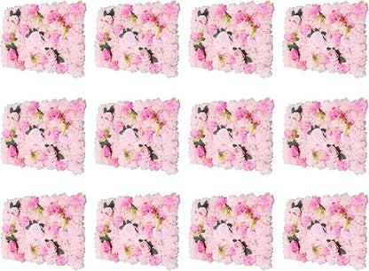 Flower Wall Panel Set,Artificial Wall Flower Backdrop,12 Pcs 23.62 * 15.74in3D Silk Hydrangea Rose Floral Panel,Faux Roses Artificial Flower Backdrop for Wall Decor (12PCS Light Pink)