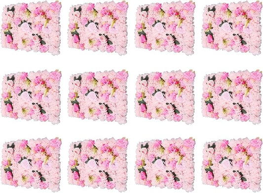 Flower Wall Panel Set,Artificial Wall Flower Backdrop,12 Pcs 23.62 * 15.74in3D Silk Hydrangea Rose Floral Panel,Faux Roses Artificial Flower Backdrop for Wall Decor (12PCS Light Pink)
