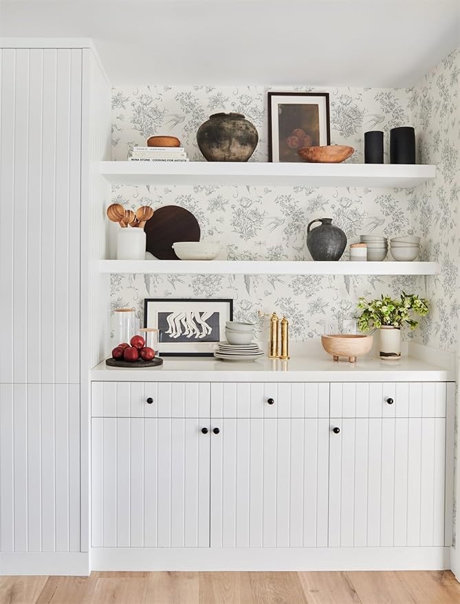 Cream White and Gray Peel and Stick Wallpaper Vintage Floral Contact Paper 16.9"x196.8" Floral Birds Self Adhesive Removable Wallpaper Grey Flowers Decorative Wall Paper for Bathroom Cabinets