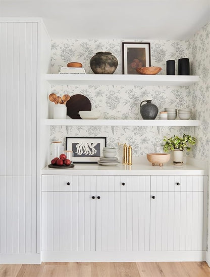 Cream White and Gray Peel and Stick Wallpaper Vintage Floral Contact Paper 16.9"x196.8" Floral Birds Self Adhesive Removable Wallpaper Grey Flowers Decorative Wall Paper for Bathroom Cabinets