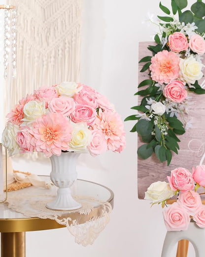 Senseya Artificial Flowers Combo, Peach Pink Silk Roses, Peonies, Dahlias with Stems for DIY Wedding Bouquets, Baby Shower, Table Centerpieces, Home Decor, Fake Floral Arrangements, Party Decorations