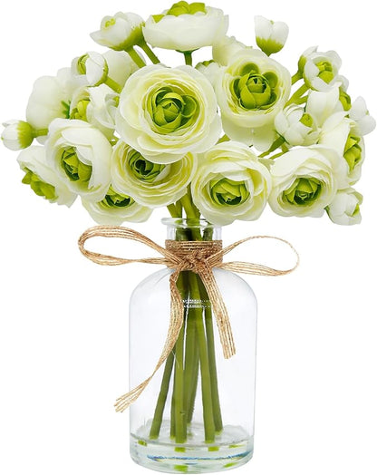 Ranunculus Artificial Flowers with Vase, 8 Pcs Faux Silk Ranunculus Flower in Vase, Small Flower Arrangements for Home Decor Indoor, Table Centerpiece. (Green)