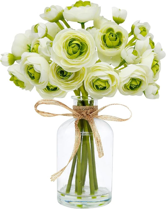 Ranunculus Artificial Flowers with Vase, 8 Pcs Faux Silk Ranunculus Flower in Vase, Small Flower Arrangements for Home Decor Indoor, Table Centerpiece. (Green)