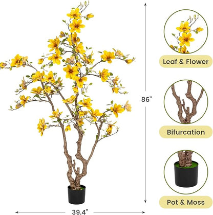 Faux Magnolia Tree 6.8 ft - with 57 Pcs Yellow Artificial Flowers - Tall Artificial Plants Indoor, Large Fake Plant Perfect Potted Magnolia Flower Decor for Living Room, Stairs, Shop, Study Room