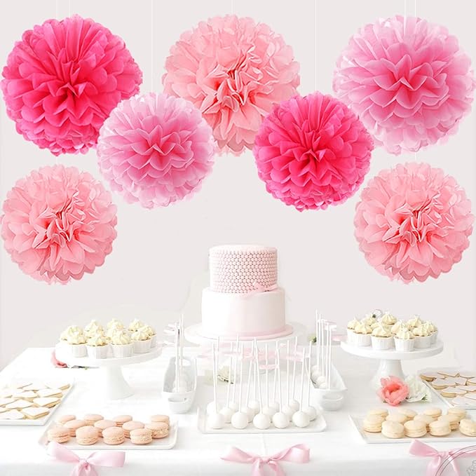 Hot Pink Paper Flowers Tissue Pom Poms Honeycomb Lanterns 15pcs Party Decorations for Birthday Bachelorette Women Girls Night Baby Shower Bridal Wedding Valentine Hanging Supplies Mprocherify
