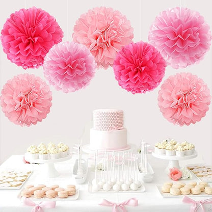 Hot Pink Paper Flowers Tissue Pom Poms Honeycomb Lanterns 15pcs Party Decorations for Birthday Bachelorette Women Girls Night Baby Shower Bridal Wedding Valentine Hanging Supplies Mprocherify