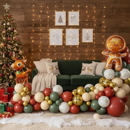 Christmas Balloon Arch Kit, Green Retro Pink Orange Sage Green Metallic Gold Balloons with Santa Candy Lollipop Foil Balloons for Christmas Party Xmas Eve New Year Holiday Party Decorations