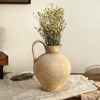 Ceramic Rustic Farmhouse Vase with Handle, 8.7 Inch Beige Vintage Vase, Rustic Ceramic Pottery for Home Decor, Farmhouse Decor Centerpiece for Kitchen, Living Room, Entryway