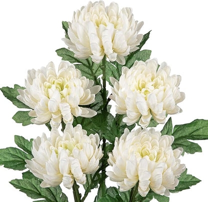 Hollyone 5Pcs Fake Mums Flowers White Artificial Chrysanthemum Flowers Silk 22.8inch Long Stem Floral Arrangements Bouquets Faux Spider Mum Flower Pincushion Flower Bush Spring Home Decor