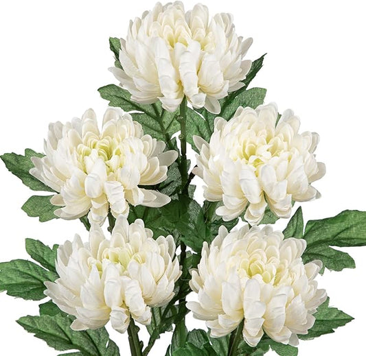 Hollyone 5Pcs Fake Mums Flowers White Artificial Chrysanthemum Flowers Silk 22.8inch Long Stem Floral Arrangements Bouquets Faux Spider Mum Flower Pincushion Flower Bush Spring Home Decor