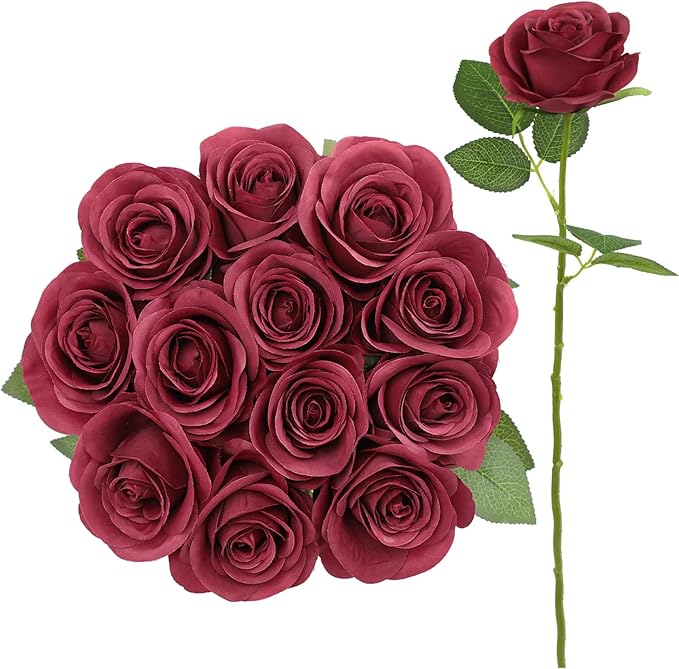 12pcs Roses Artificial Flowers Fake Flowers with Long Stems Burgundy Silk Flowers for Wedding Bouquet Centerpices Decorations Party Bridal Baby Shower Home Decor