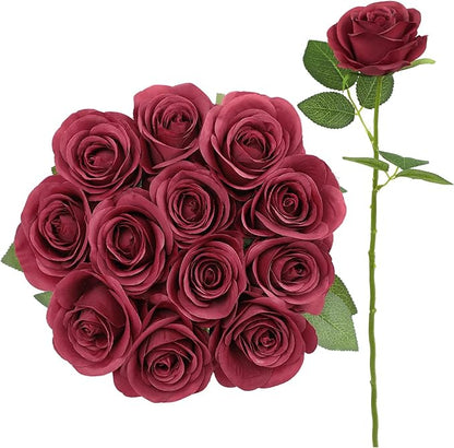 12pcs Roses Artificial Flowers Fake Flowers with Long Stems Burgundy Silk Flowers for Wedding Bouquet Centerpices Decorations Party Bridal Baby Shower Home Decor