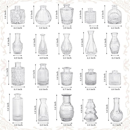 Set of 20 Glass Bud Vases,Small Clear Vases,Wedding Centerpiece Table Decorations,Clear Vintage Embossed Mini Vases,Flower Arrangements in for Party or Home Decor