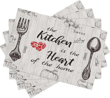 Vegetable Placemats Vintage Rustic Wooden Plank Kitchen Utensils Cutlery Tomato Pumpkin Mushroom Carrot Placemats Table Kitchen Dining Party 12x18 Inch Set of 4
