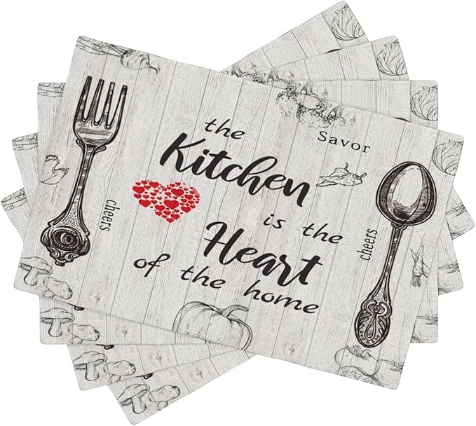 Vegetable Placemats Vintage Rustic Wooden Plank Kitchen Utensils Cutlery Tomato Pumpkin Mushroom Carrot Placemats Table Kitchen Dining Party 12x18 Inch Set of 6