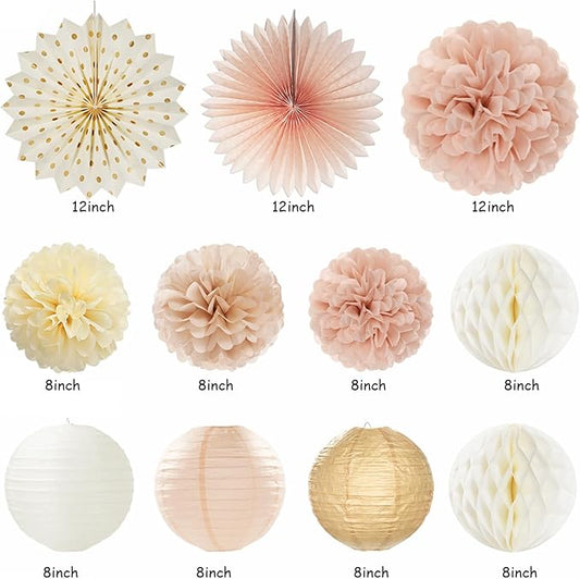 Champagne-Gold Fall Boho Baby Shower Party-Decorations - 21pcs Girls Welcome Baby Banner,Beige One Sweet Peach Paper Lanterns Pom Poms, Neutral Streamers Garland Decor Favors Huglony