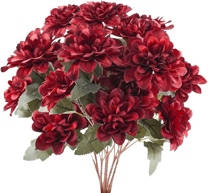 Uieke 6PCS Artificial Daisy Mums Flowers with Stem, Silk Gerbera Daisies Flowers Arrangement for Home Party Wedding Bridesmaid Bouquets Christmas Table Centerpieces Decor (Burgundy Red)