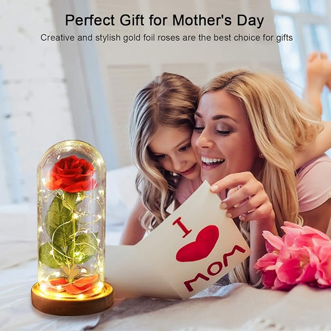 Christmas Beauty and The Beast Rose Gifts for Women, Birthday Gifts for Her, Red Rose Gifts for Mom Wife Grandma, Eternal Rose in Glass Dome with LED Lights, Women's Gift
