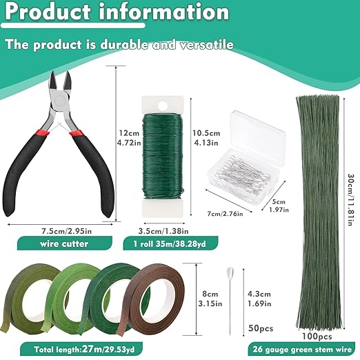 Floral Tape and Wire, Florist Arrangement Tools Kit with Floral Tape Wire Cutter Boutonniere Pin for Bouquets,Wrap Florist,Flower Project