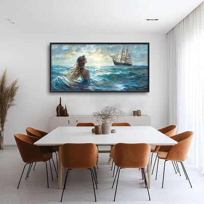 Mermaid Large Wall Art Ocean Mermaid Boat Pictures Wall Decor Nautical Canvas Seascape Print Painting Modern Artwork Home Decoration for Living Room Bathroom Bedroom Office Framed 60"x30"