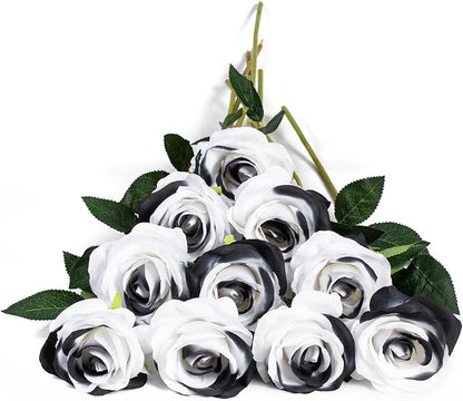 DuHouse 10pcs Fake Roses Artificial Silk Flowers Faux Rose Flower Long Stems for Arrangement Wedding Centerpiece Home Kitchen Decor(Black White)
