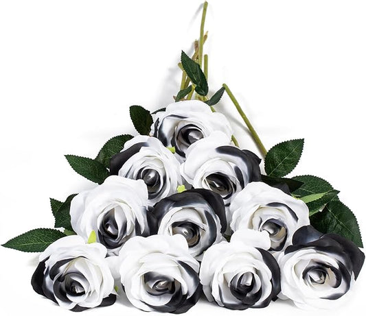 DuHouse 10pcs Fake Roses Artificial Silk Flowers Faux Rose Flower Long Stems for Arrangement Wedding Centerpiece Home Kitchen Decor(Black White)