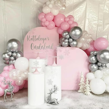 Pink Winter Wonderland Balloon Arch Garland Kit, Pink White Metallic Silver Balloons with Snowflake Star Foil Balloons for Winter Christmas Baby Its Cold Outside Baby Shower Birthday Party Decorations