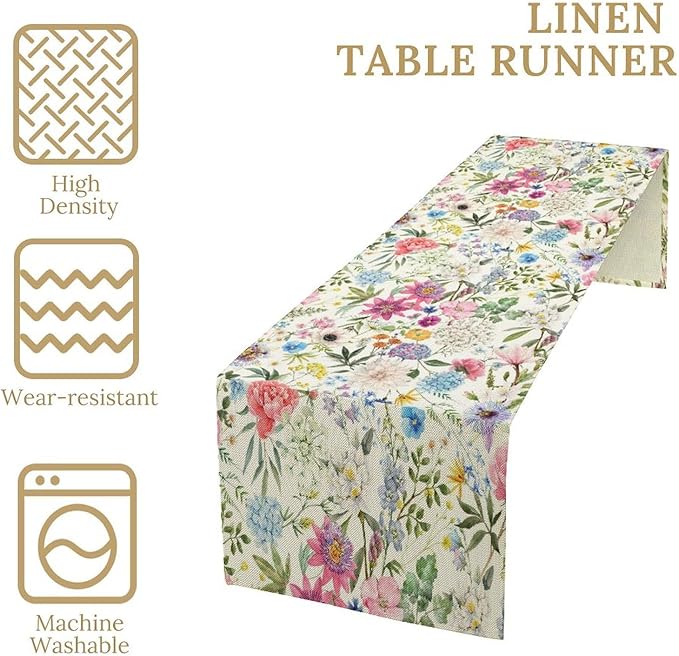 Floral Table Runner Watercolor Peony Rose Flower Kitchen Table Decoration for Indoor and Outdoor Wedding Party 13x120 Inch