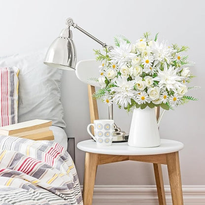 2PCS Artificial Flowers Dahlia Bouquet Fake Flowers White Silk Roses Daisies Faux Floral Arrangements for Dining Table Centerpieces for Kitchen Bridal Bouquet Wedding Party Home Decor