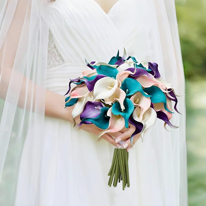 24 Pcs Artificial Calla Lily Flowers Colorful Fake Silk Flowers Real Touch for Wedding Bouquet Office Home Kitchen Decor