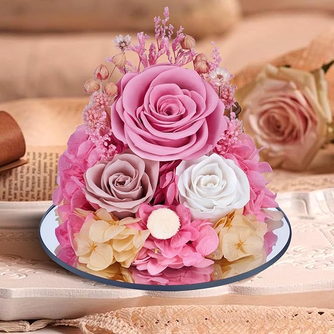 Preserved Flowers in Glass Angel Figurine with LED Light,Forever Real Roses Prime Eternal Flower Birthday Glitter Decorations for Her Women Mom Grandma Sister (Pink)
