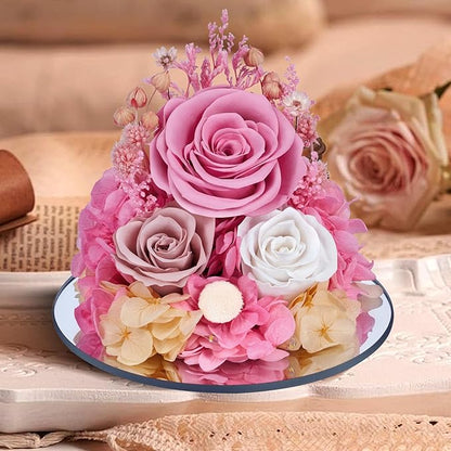 Preserved Flowers in Glass Angel Figurine with LED Light,Forever Real Roses Prime Eternal Flower Birthday Glitter Decorations for Her Women Mom Grandma Sister (Pink)