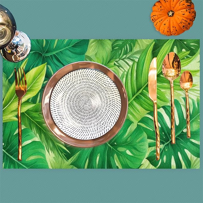 Green Summer Palm Leaf Placemats Set of 4 PVC Vinyl Non Slip Table Mats Waterproof Heat Resistant Place Mats Washable Wipeable Dining Table Mat for Kitchen Party Indoor Outdoor Decorative