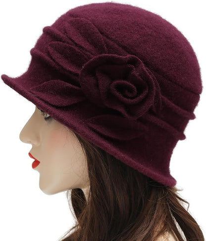 ZLYC Women Wool Cloche Bucket Hat 1920s Vintage Dress Winter Hats with Flower Accent