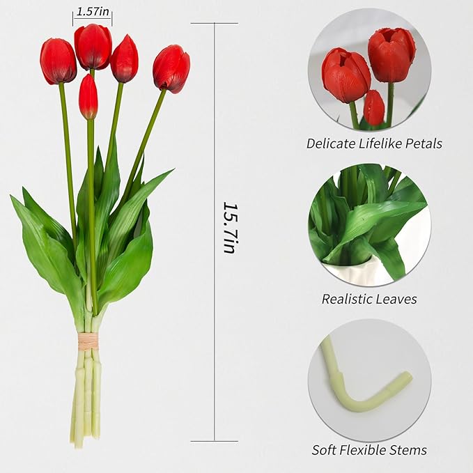 10 Pack Real Touch Tulips Artificial Flowers, 15.7 Inch Bendable Latex Tulips - No Maintenance Faux Flowers for Vase, Home Decor, Wedding Centerpiece (Red)