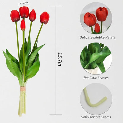 10 Pack Real Touch Tulips Artificial Flowers, 15.7 Inch Bendable Latex Tulips - No Maintenance Faux Flowers for Vase, Home Decor, Wedding Centerpiece (Red)