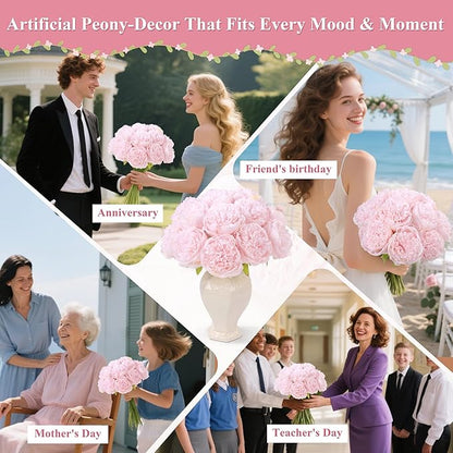 U'Artlines 20 Heads Artificial Peony Silk Flower Leaf Home Office Wedding Party Festival Bar Decor (Light Pink)