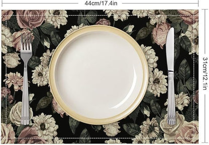 Floral Placemats Set of 8, 17x12 Inch Vintage White Pink Rose Flower Spring Plant Boho Art Print Table Mats for Home Party Kitchen Dining Decor