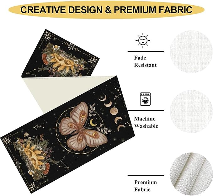 Gothic Moth Table Runner, Boho Gothic Sun Moon Phase Wildflower Mystical Witchy Farmhouse Coffee Table Center Decor for Home Kitchen Dining Patio Holiday Party Table Decorations 13x108 inches