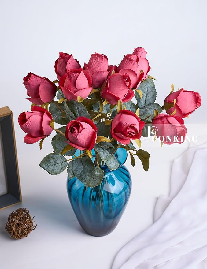 Red Rose Artificial Flower Buds 12pcs Realistic Faux Silk Roses Fake Flowers Bouquets Arrangements Decor for Wedding Spring Mother's Day, Home Table Decorations, Dark Magenta Flower
