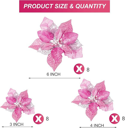 Boao 24 Pieces Christmas Artificial Glitter Poinsettia Flowers Xmas Flowers Wedding Christmas Tree New Year Ornaments (Pink)