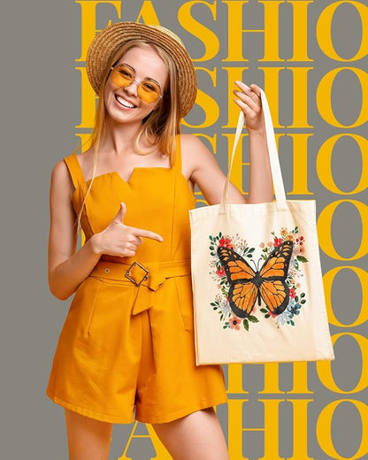AUSVKAI Cute Canvas Tote Bag Aesthetic for Women Grocery Bag Cotton Shopping Beach Totes Gift-Flower Butterfly