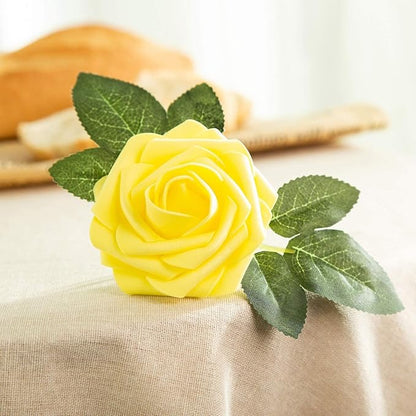 Artificial Flower Foam Rose 25pcs Real Looking Fake Rose with Stems Leaves for Home Decoration Party Garden Centerpieces DIY Wedding Bouquets（Yellow）