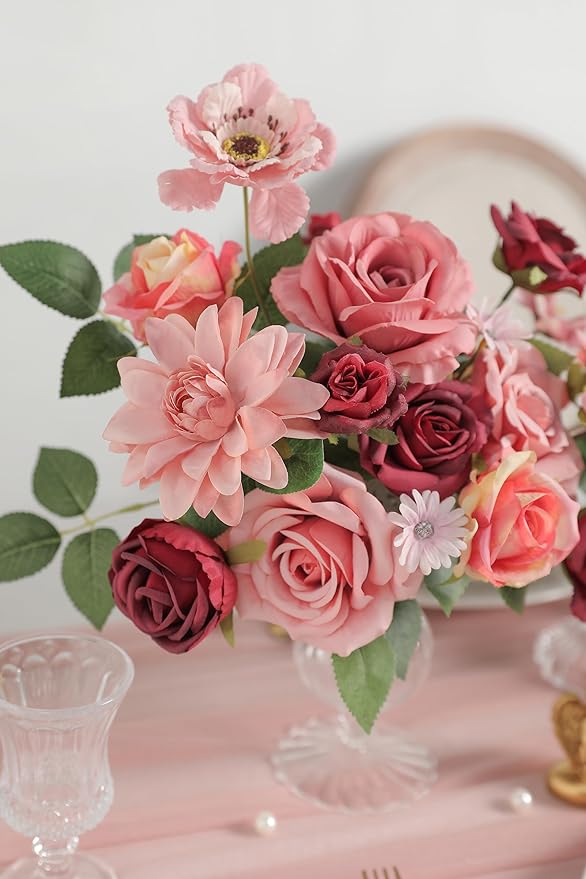 Burgundy Artificial Flowers Combo Set Fake Flower Leaf Box with Stemst for DIY Wedding Bridal Bouquet, Centerpieces, Home Decor, Floral Arrangement Decor