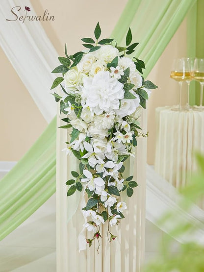 Serwalin 11Inch Bridal Bouquet White Green Wedding Bouquets for Bride Bridesmaid Artificial Wedding Flowers for Wedding Ceremony Anniversary