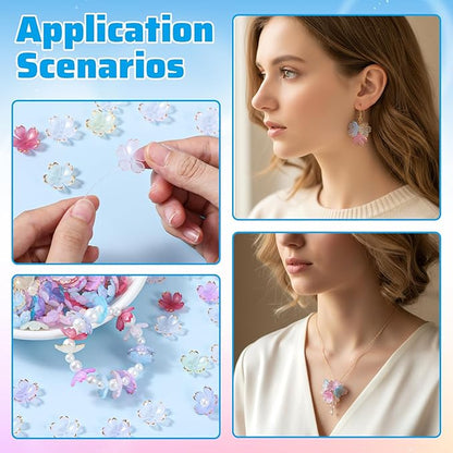 Xindojuz 100 PCS Flower Beads for Jewelry Making, Colorful Cherry Blossom Beads Gold-Plated Mini Acrylic Spacer Bead 5-Petal Floral Charms for Necklaces Bracelets Earring Keychains (Mixcolors)