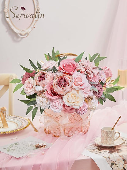 Serwalin Pink Artificial Flowers Peonies, Fake Silk Flowers Wedding Bouquet Bridal Centerpieces Flowers for Decoration, Cake Flower Home Decor